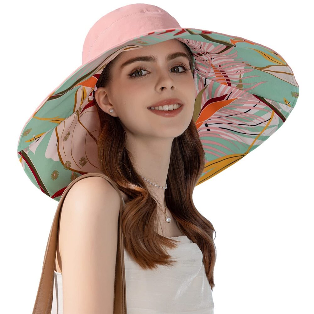 3047 Wide Brim Summer Sun Hat Floral Beach Bucket Hats Reversible Fishing